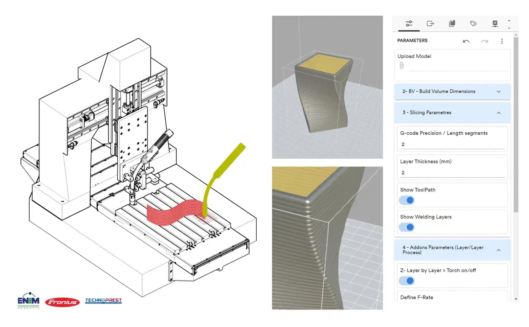 Sélection d’images illustrant les différentes étapes du procédé WAAM : dépôt de métal, arc électrique en action, et trajectoires générées lors de l’impression.