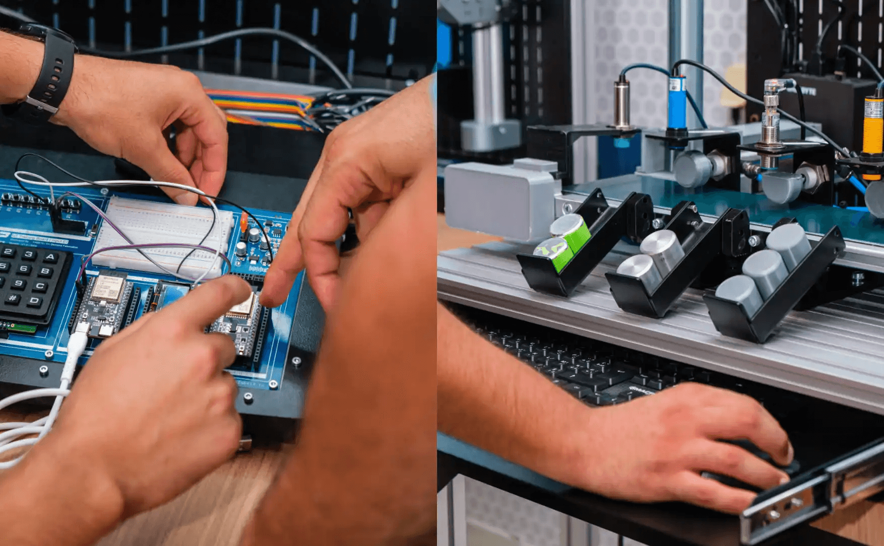 Gros plan sur les mains des formateurs manipulant les modules JellyEdge, expliquant les principes d’automatisation et d’Industrie 4.0 aux apprenants.