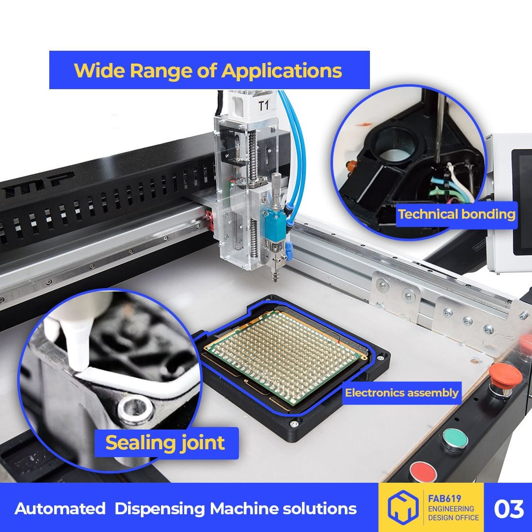 Exemples d’applications industrielles de la machine, illustrant la dépose de colle et silicone sur pièces automobiles et électroniques avec trajectoires précises
