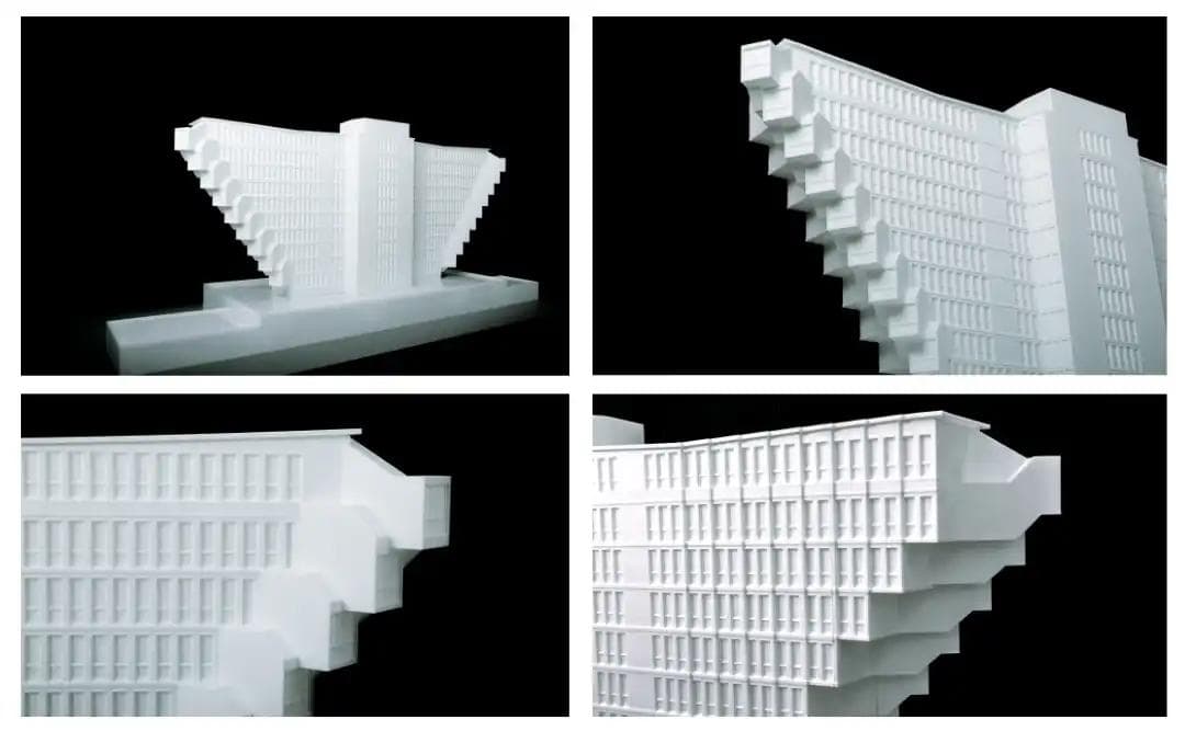 Sélection de vues détaillées de la reproduction 3D de l’Hôtel du Lac, soulignant l’importance de préserver ce patrimoine moderne tunisien