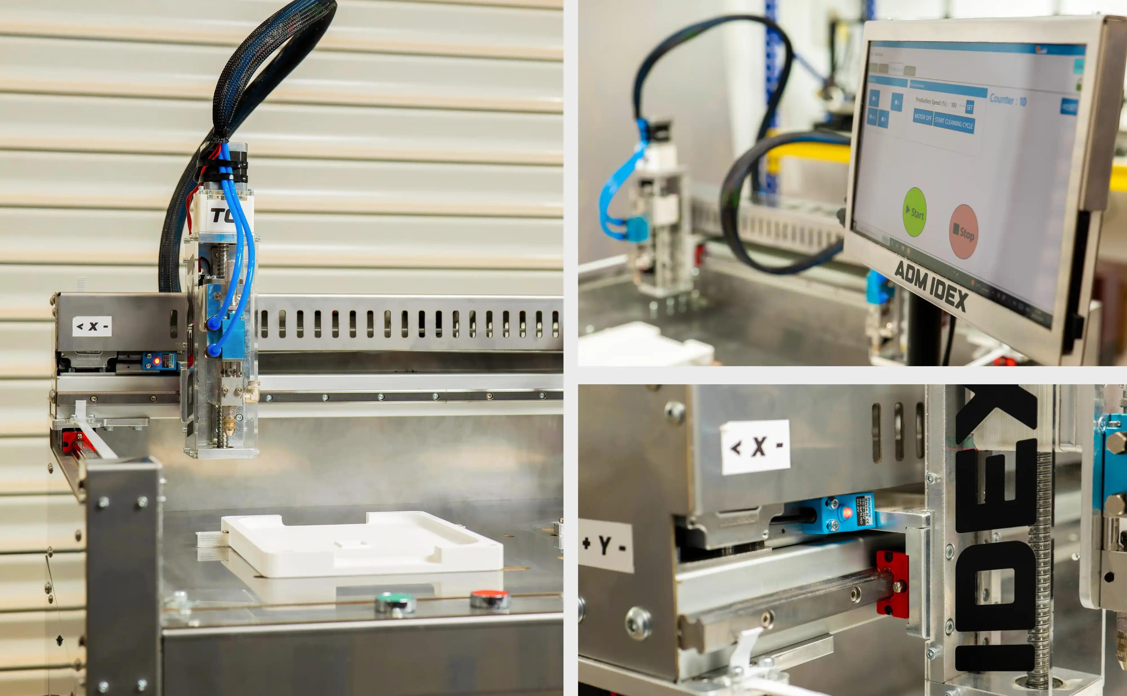 Sélection de gros plans illustrant les détails mécaniques et fonctionnels : têtes IDEX indépendantes, buses de dépose, modules de dosage et composants de précision