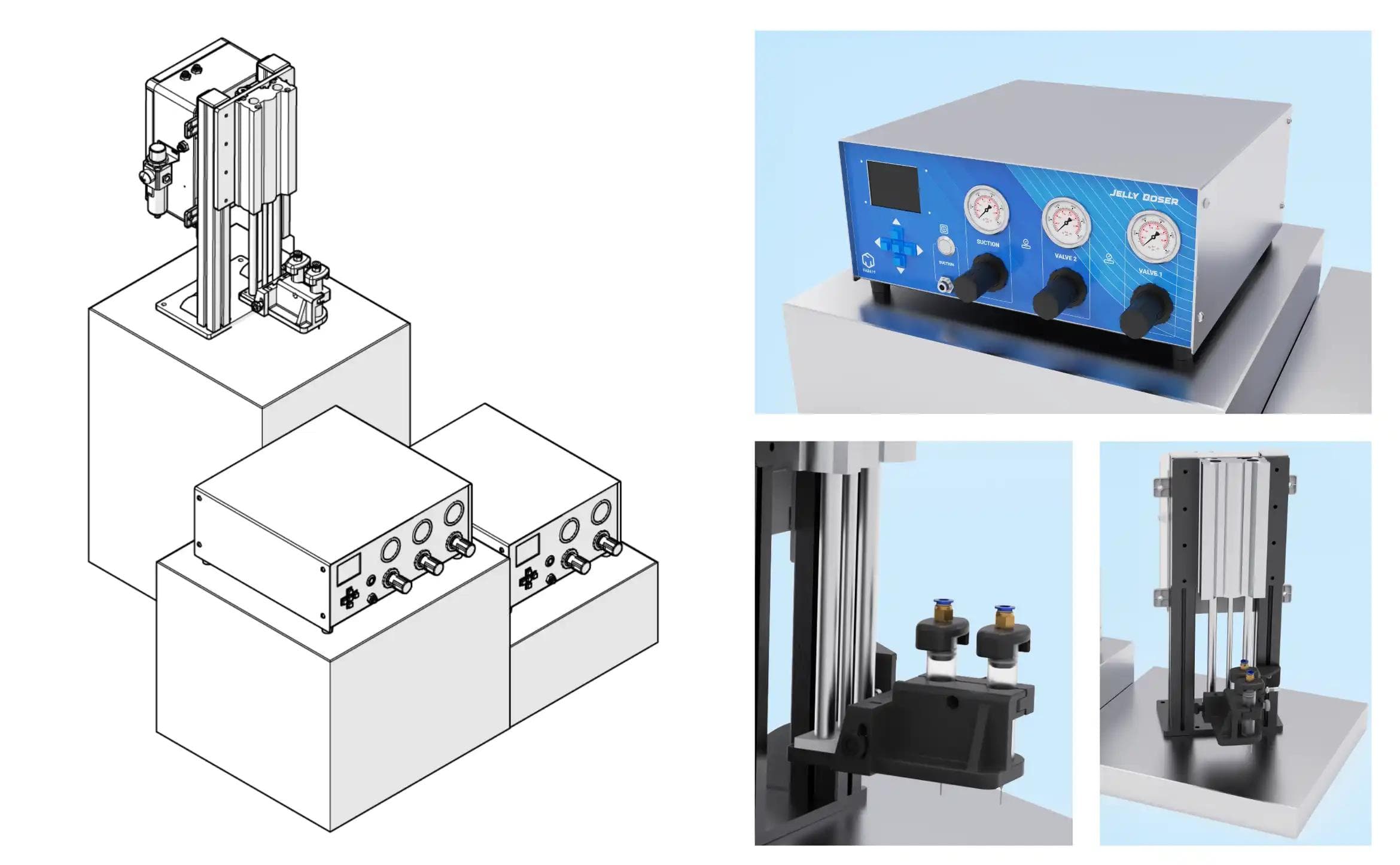 Sélection de gros plans montrant les détails du système JELLY DOSER : valves de dépose, module anti-goutte, raccordements fluidiques et éléments internes de précision.
