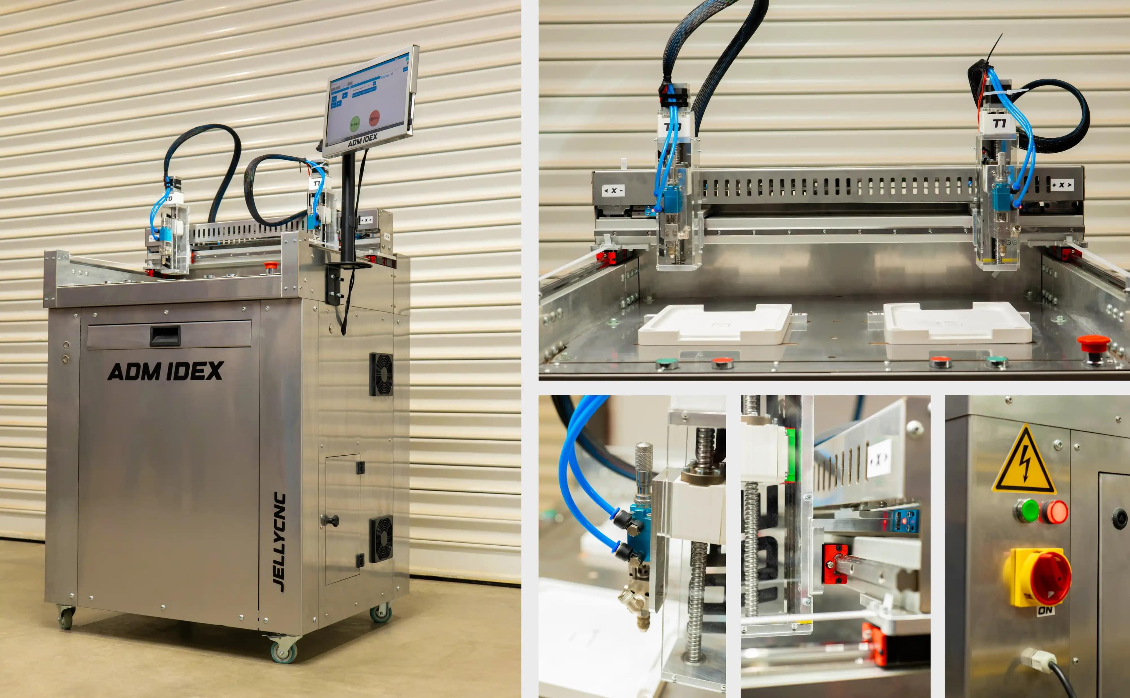 Sélection de photos montrant la machine ADM IDEX V2 en vue générale, incluant le châssis inox, la structure gantry XYZ et l’architecture industrielle complète