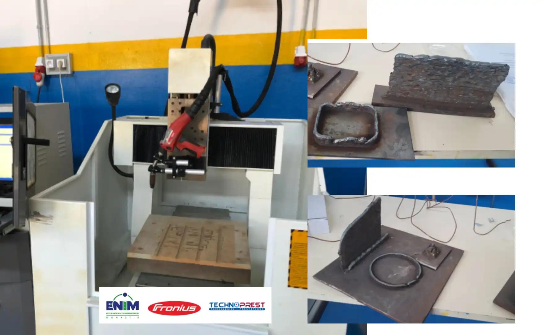 Photo réelle montrant la machine CNC convertie en imprimante WAAM, avec la torche de soudage intégrée et les adaptations mécaniques nécessaires au procédé Wire Arc Additive Manufacturing