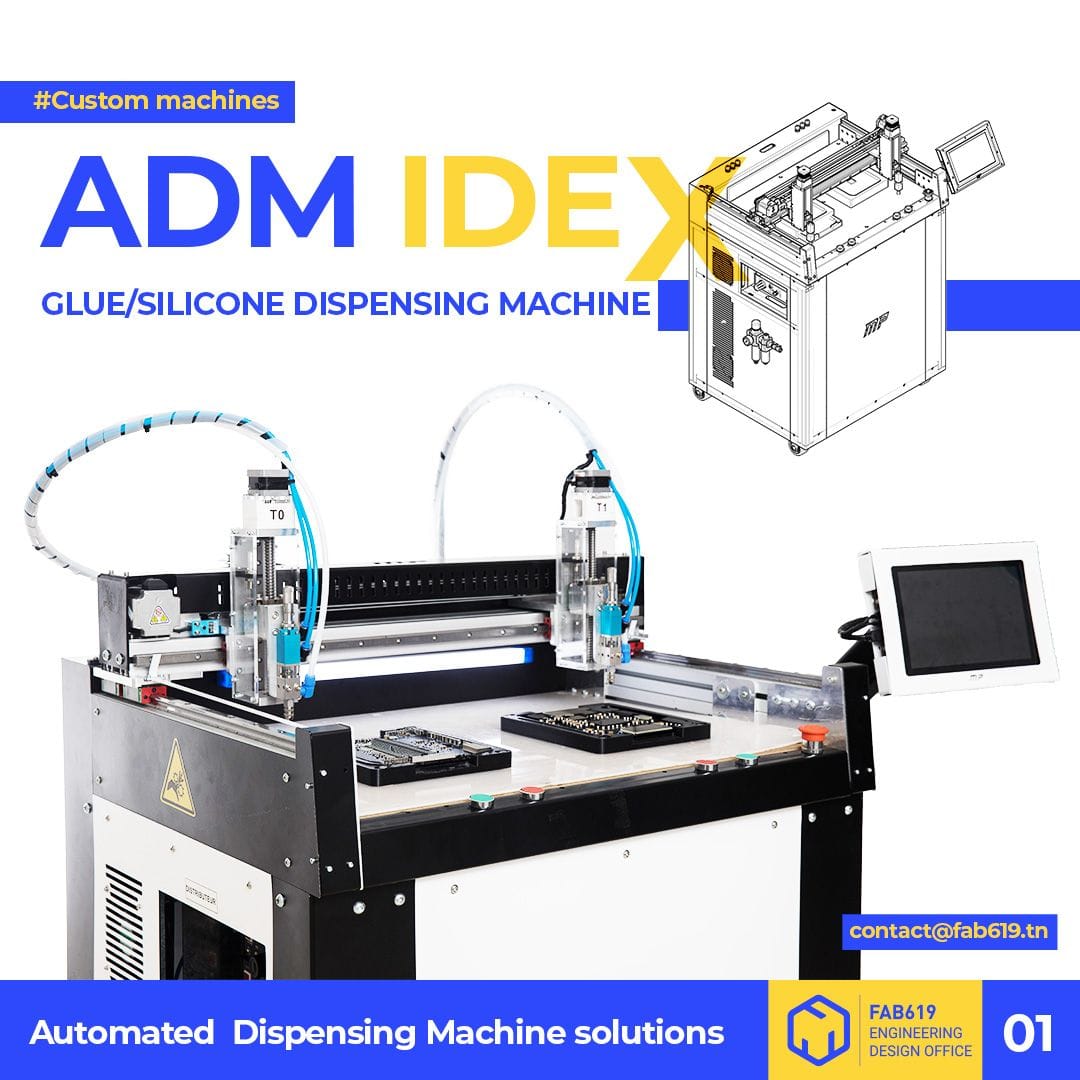 Vue d’ensemble de la machine ADM IDEX V1.00 montrant la structure gantry XYZ complète, le châssis industriel et les deux têtes de dépose positionnées sur l’axe X