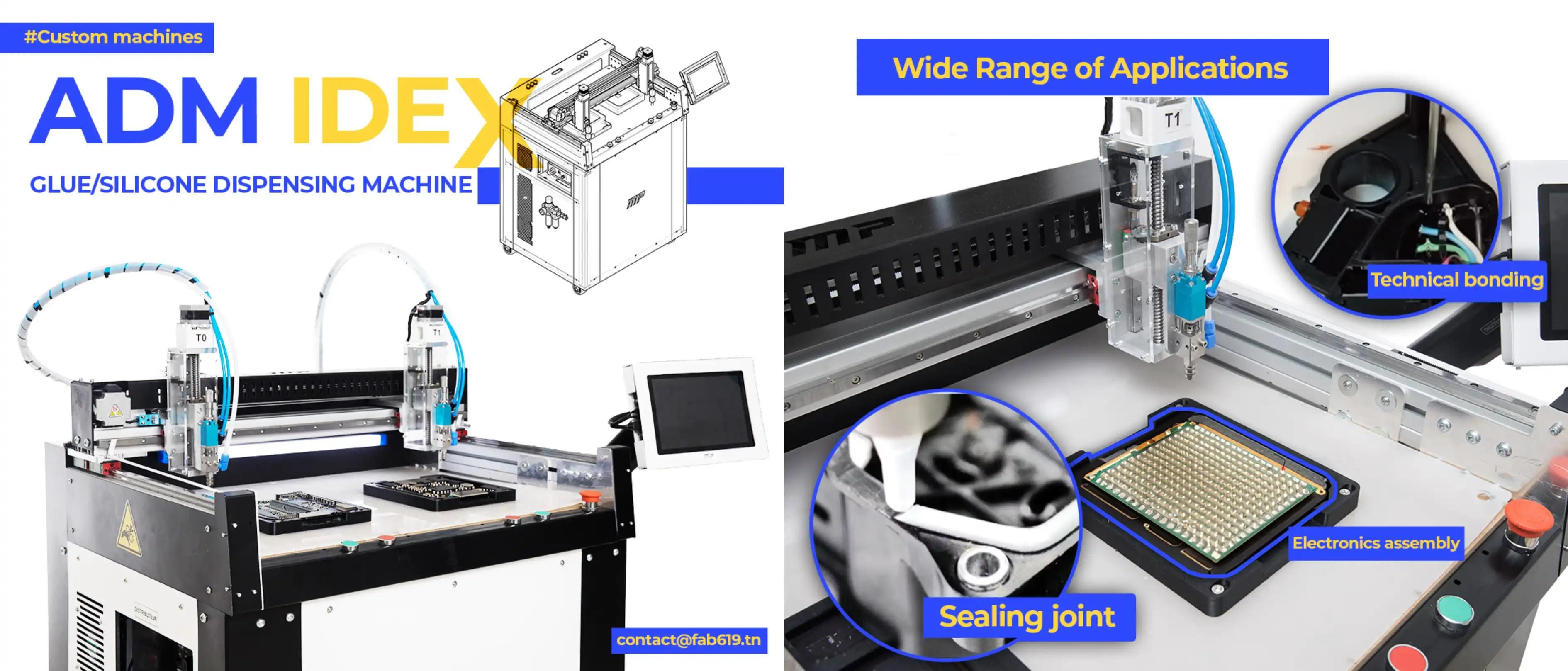 Vue générale de la machine ADM IDEX V2 présentant son châssis inox, sa structure gantry XYZ et son architecture industrielle conçue pour la dépose de colle et silicone